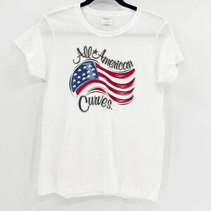 Vintage All American Curves Graphic Tee Womens Size S White Cotton Y2K USA Flag